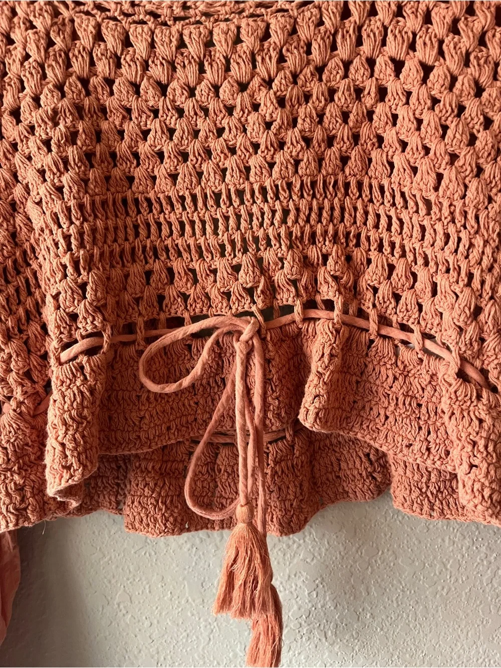 Free People Megan Top in Coral Crochet Peasant Long-Sleeve Top XS